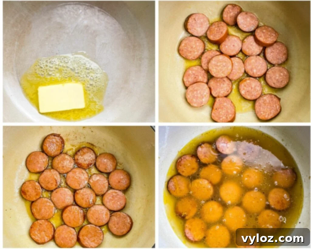 a collage of 4 photos with butter and sausage in a large pot