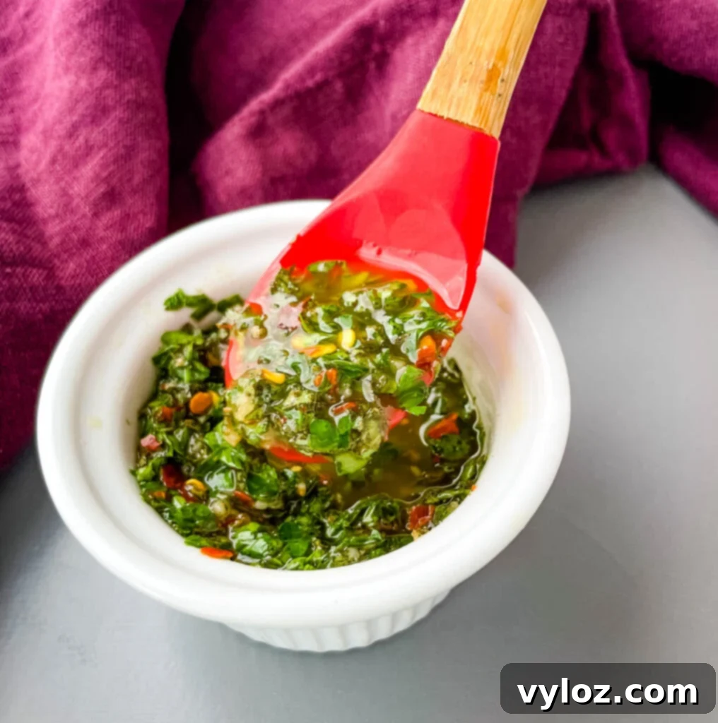 Vibrant green chimichurri sauce in a white bowl with a red spoon, ready to serve.