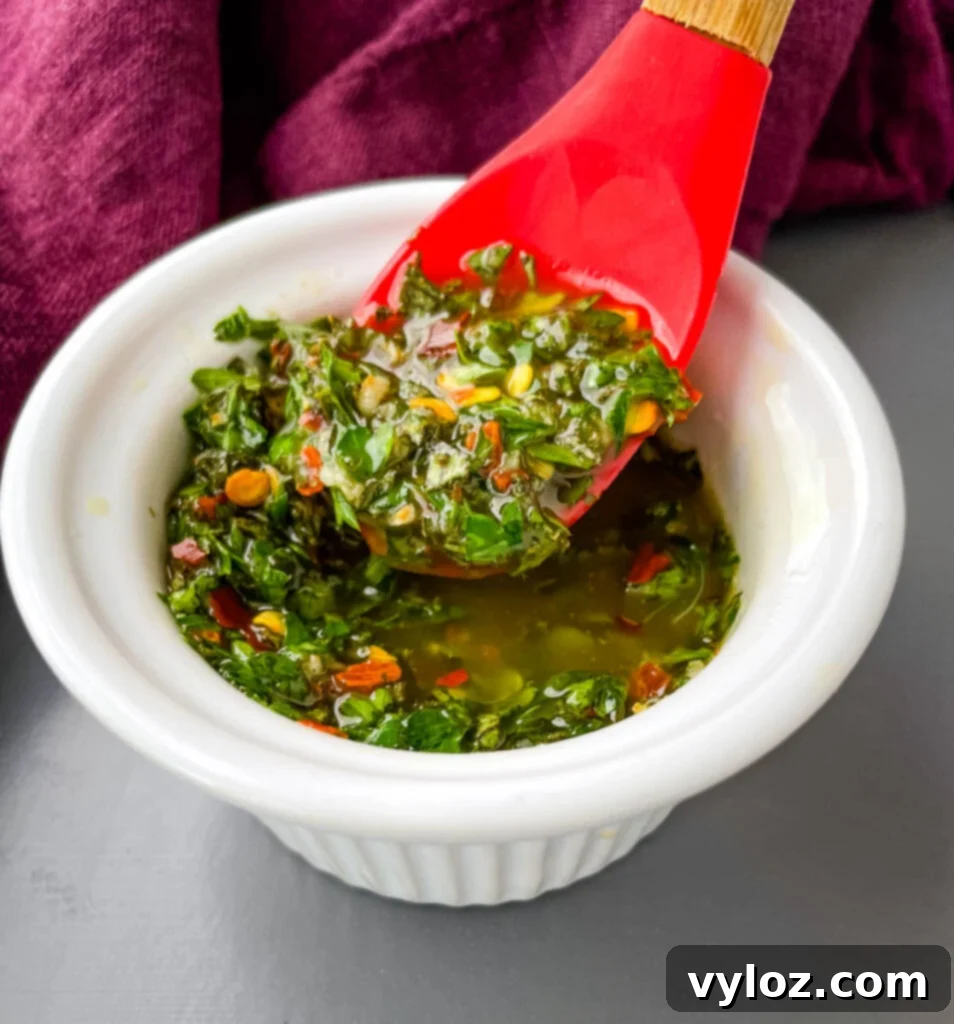 Chimichurri Sauce in a white bowl with a red spoon, garnished with fresh herbs.