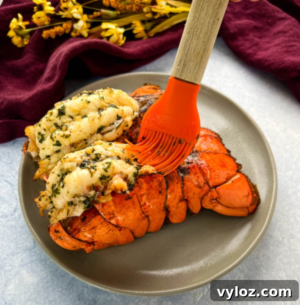 Perfect Air Fryer Lobster Tails 12 air fryer lobster tails on a white plate being drizzled with butter