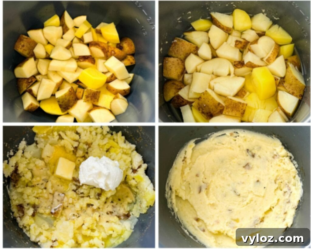 Ranch Mashed Potatoes 5 a collage photo of 4 photos showing sliced potatoes in a pot