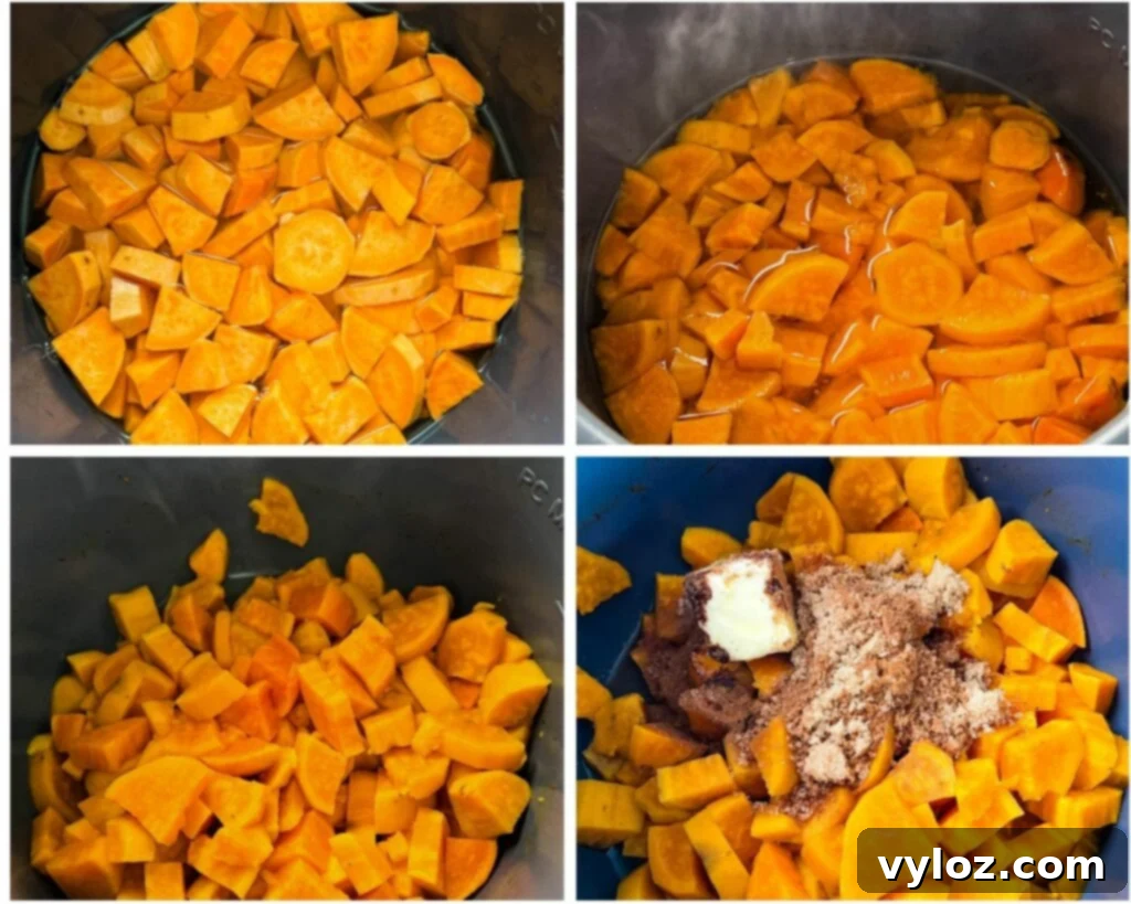 A collage photo showing cooked sweet potatoes in a pot, demonstrating the tender texture