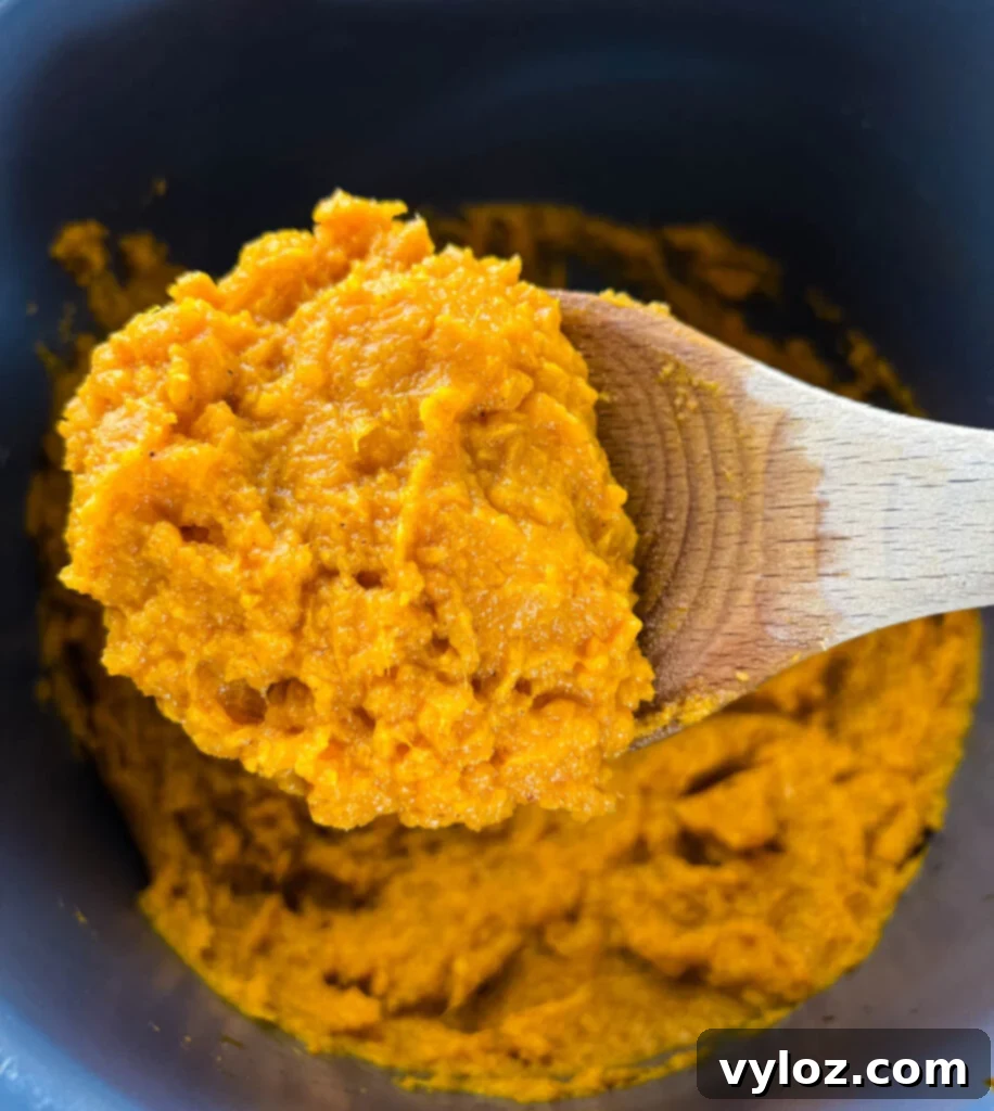 A wooden spoonful of fluffy, creamy mashed sweet potatoes