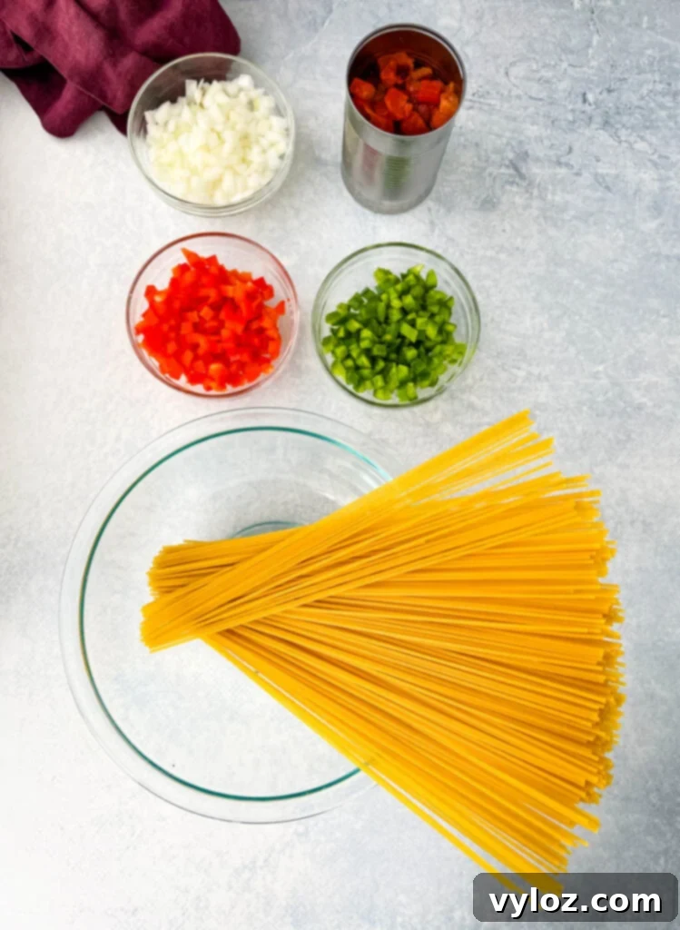 dry spaghetti pasta, raw red peppers, green peppers, onions, fire roasted tomatoes on a flat surface, ready for cooking
