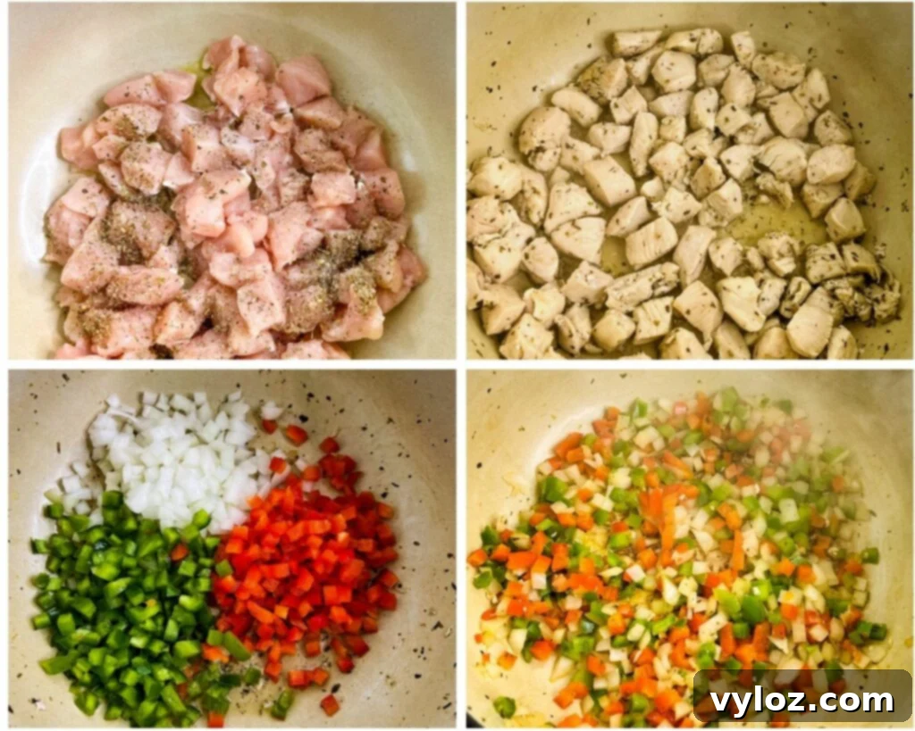 collage of 4 photos showing how to cook chicken in a pot along with red pepper, green peppers, and onions for chicken spaghetti