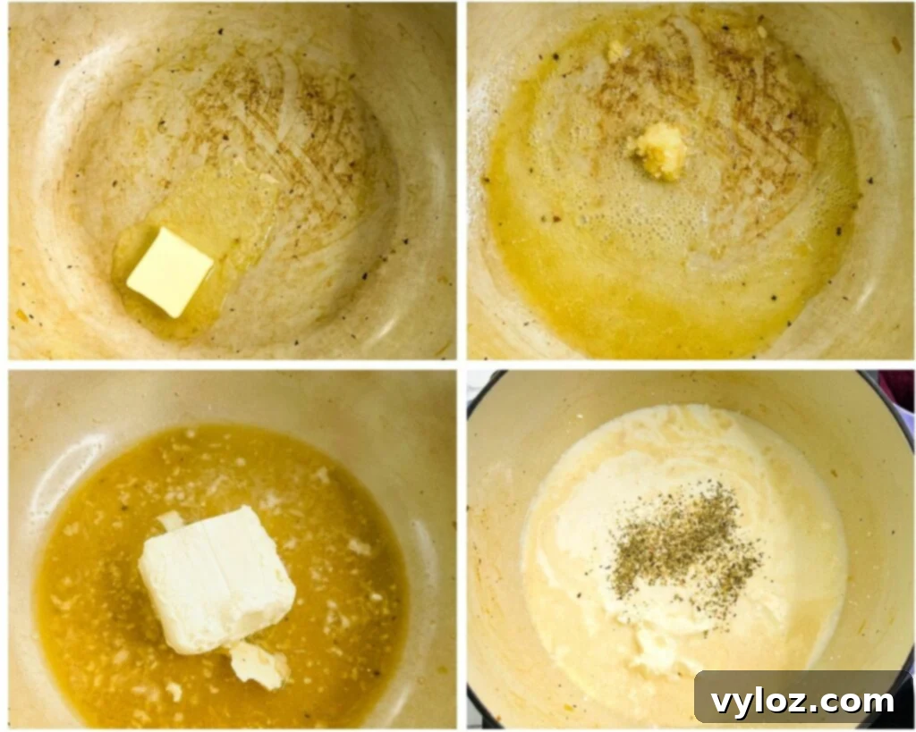 collage of 4 photos showing how to make cream sauce with butter, garlic, and chicken broth as a base