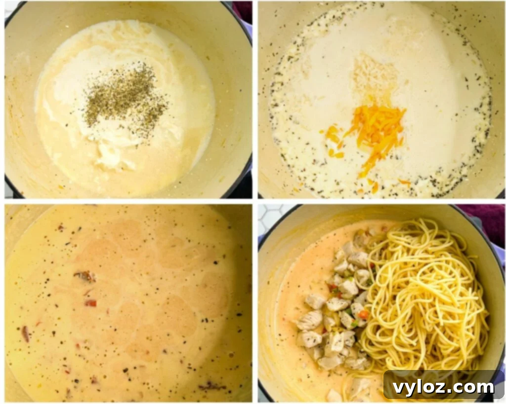 collage of 4 photos showing how to make cream sauce with butter, cream cheese and cheddar for a creamy texture