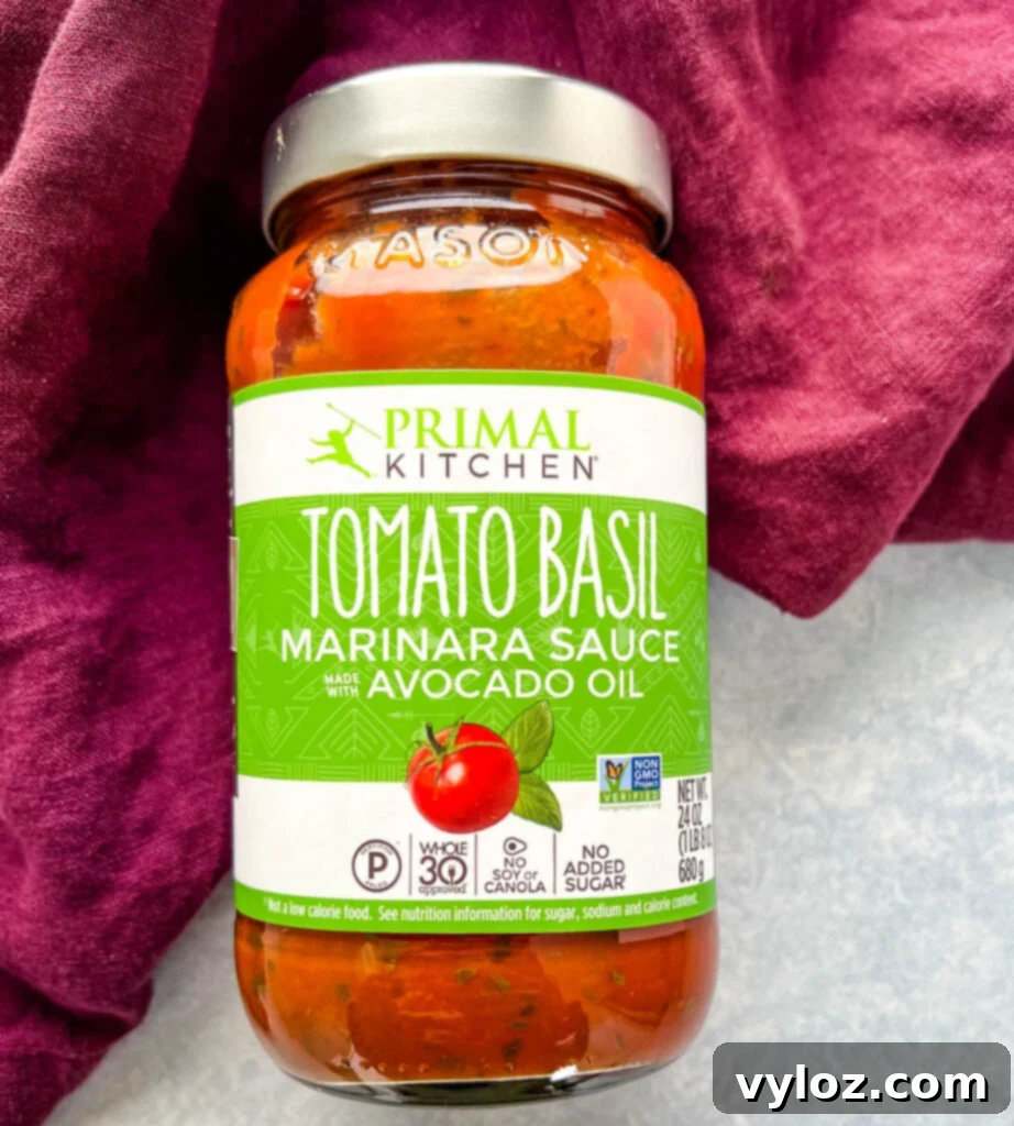 Jar of Primal Kitchen Tomato Basil Marinara Sauce, a suggested dipping sauce