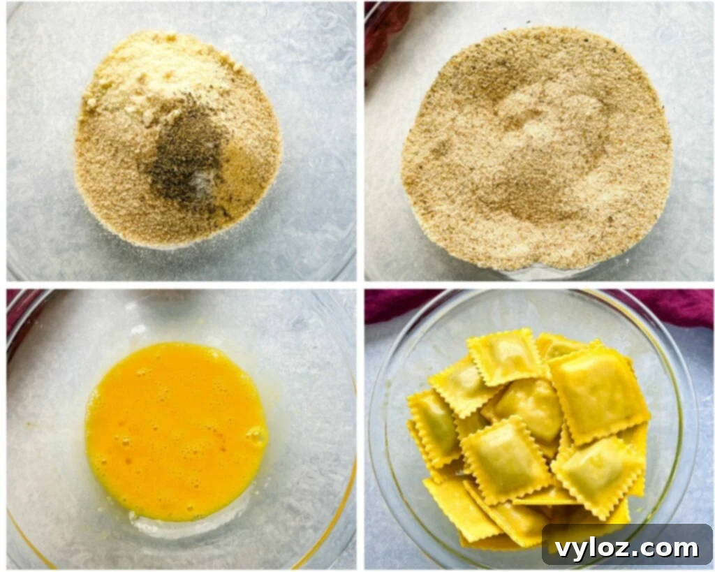 A collage of four photos demonstrating the breading process for ravioli using eggs and breadcrumbs
