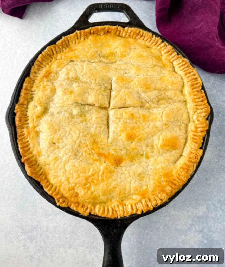 A slice of seafood pot pie served hot from the cast iron skillet.