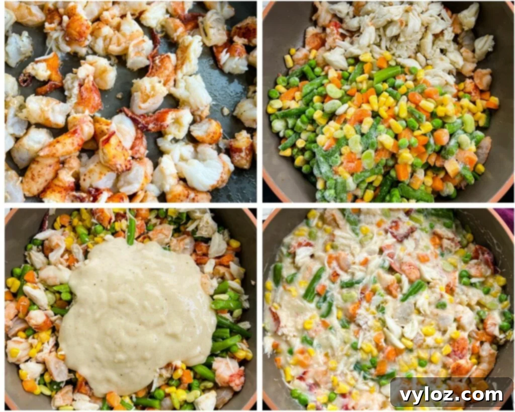 A collage of four photos showing the step-by-step process of making seafood pot pie filling.