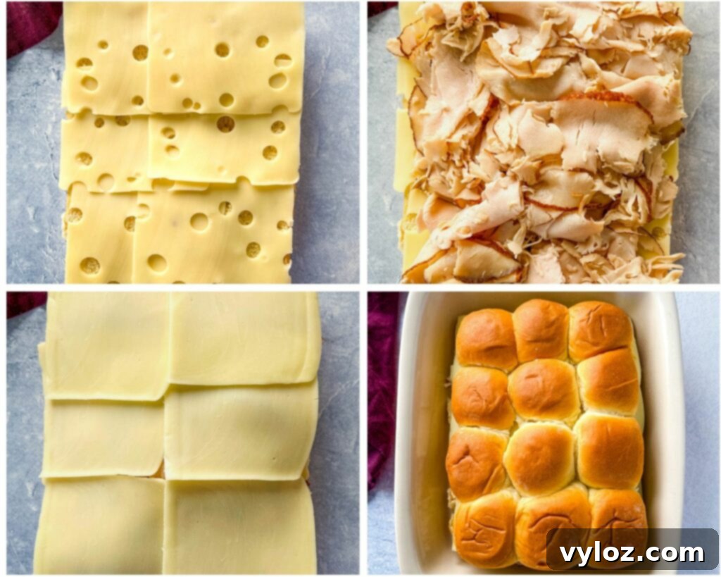Cheesy Turkey Sliders 6 A four-photo collage showing the step-by-step process of loading turkey and cheese onto Hawaiian rolls before baking