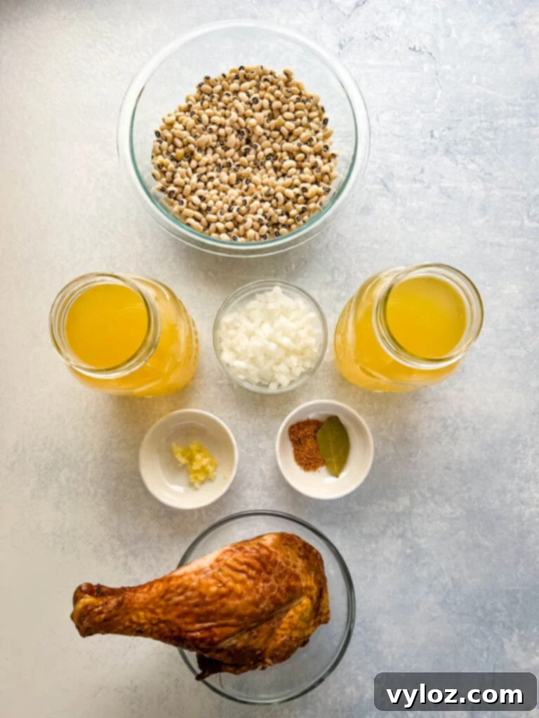 No-Soak Slow Cooker Smoked Turkey Black Eyed Peas 3 dried black eyed peas, broth, white onions, garlic, spices, and smoked turkey in separate bowls