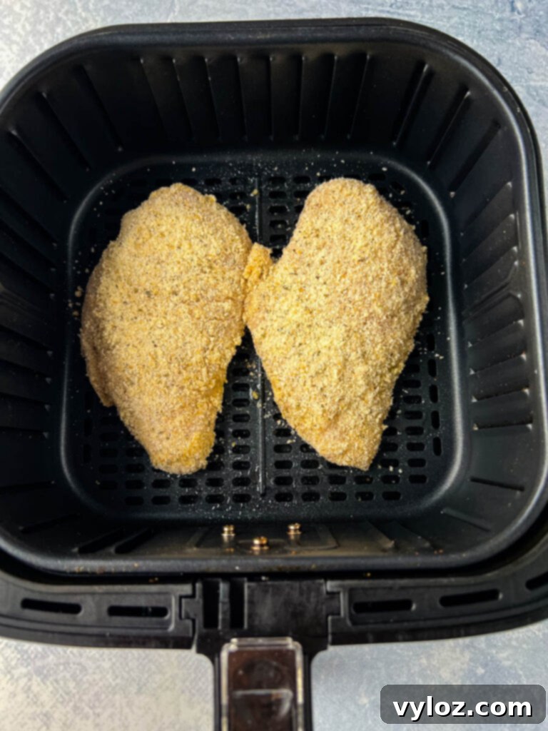 Parmesan crusted chicken breasts cooking in an air fryer, achieving a golden-brown, crispy exterior.
