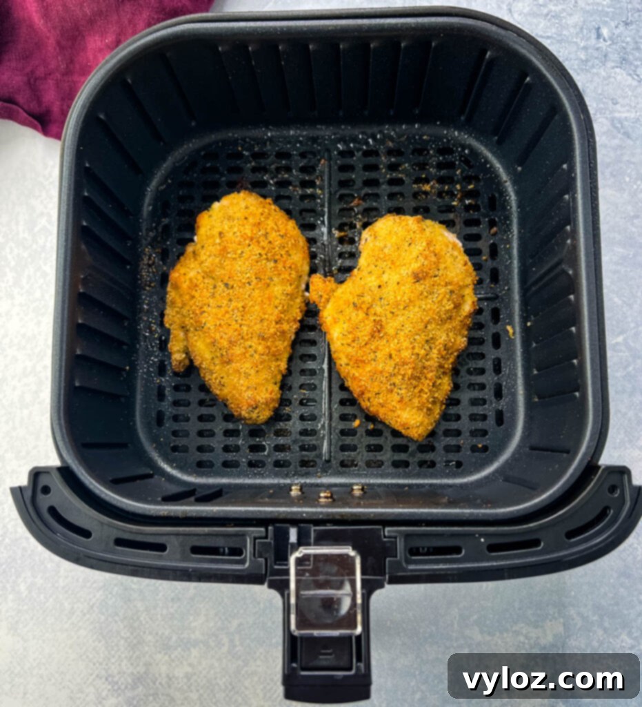 Two pieces of Parmesan crusted chicken in an air fryer basket, perfectly golden and crispy.