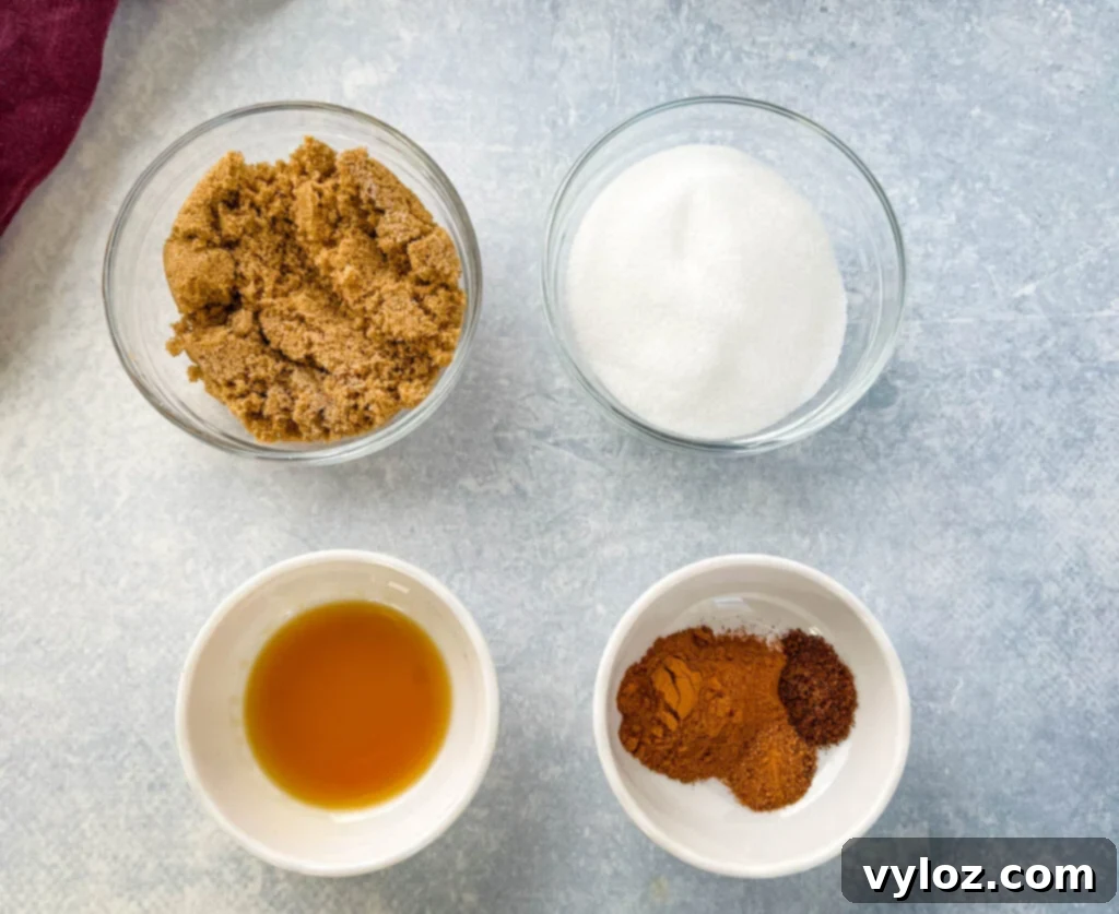 Wholesome Apple Butter 3 brown monkfruit, monkfruit sweetener, vanilla, cinnamon, cloves, and nutmeg in separate bowls