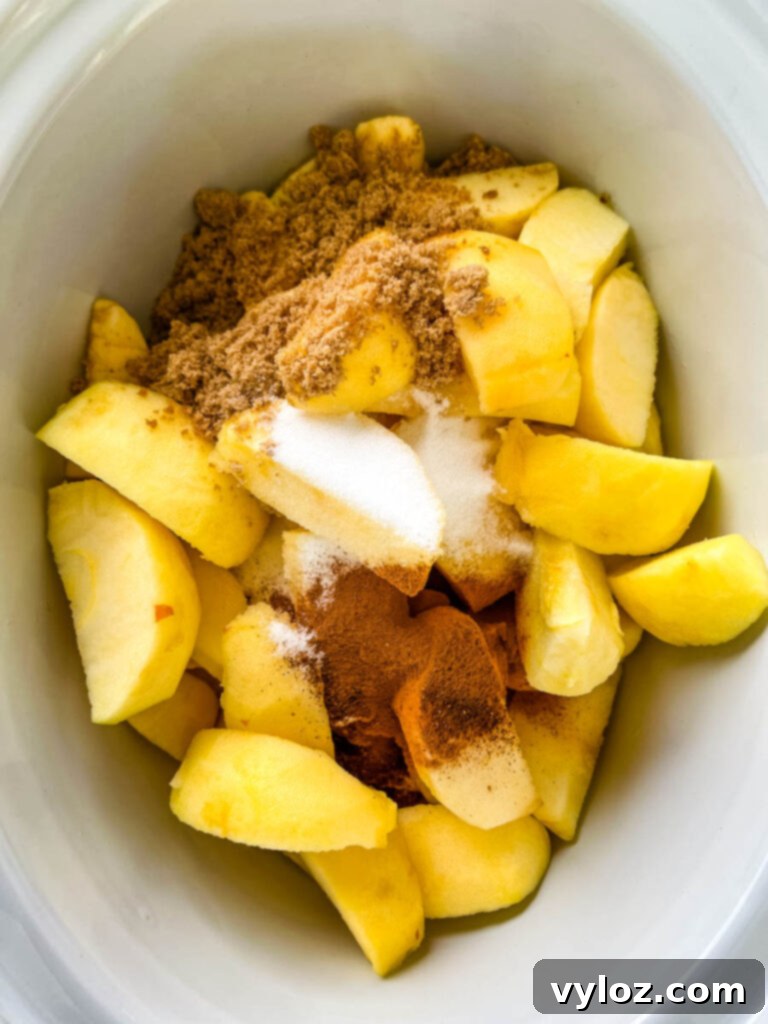 Wholesome Apple Butter 6 sliced apples in a slow cooker with spices and sweetener