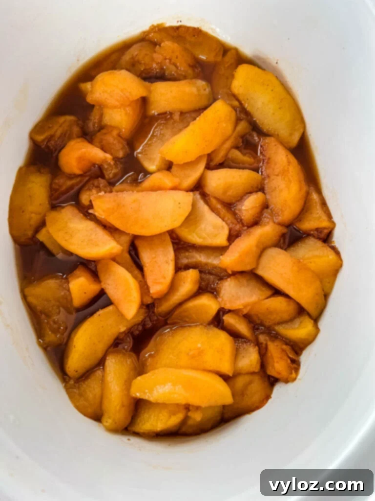 Wholesome Apple Butter 7 cooked apples in a slow cooker