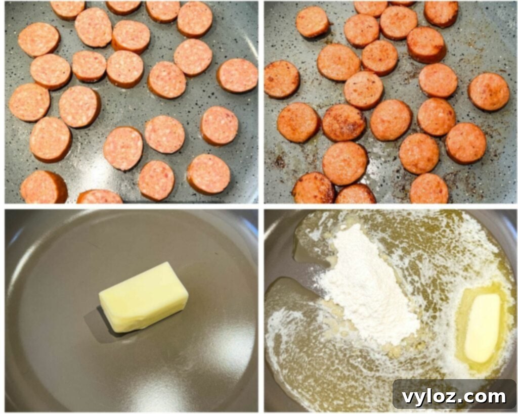 Andouille sausage cooking in a skillet, and separately, butter melting with flour to form a roux, key steps for gumbo.