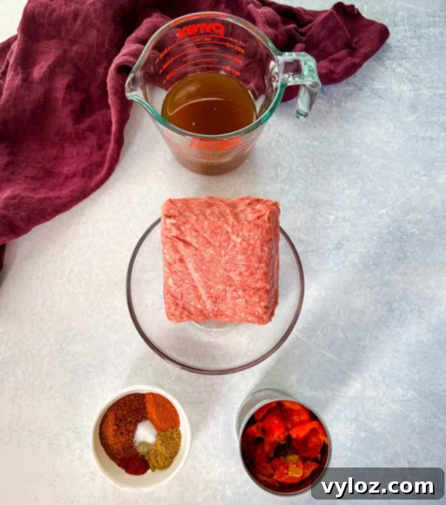 raw ground beef, beef broth, spiced, and diced tomatoes in separate bowls