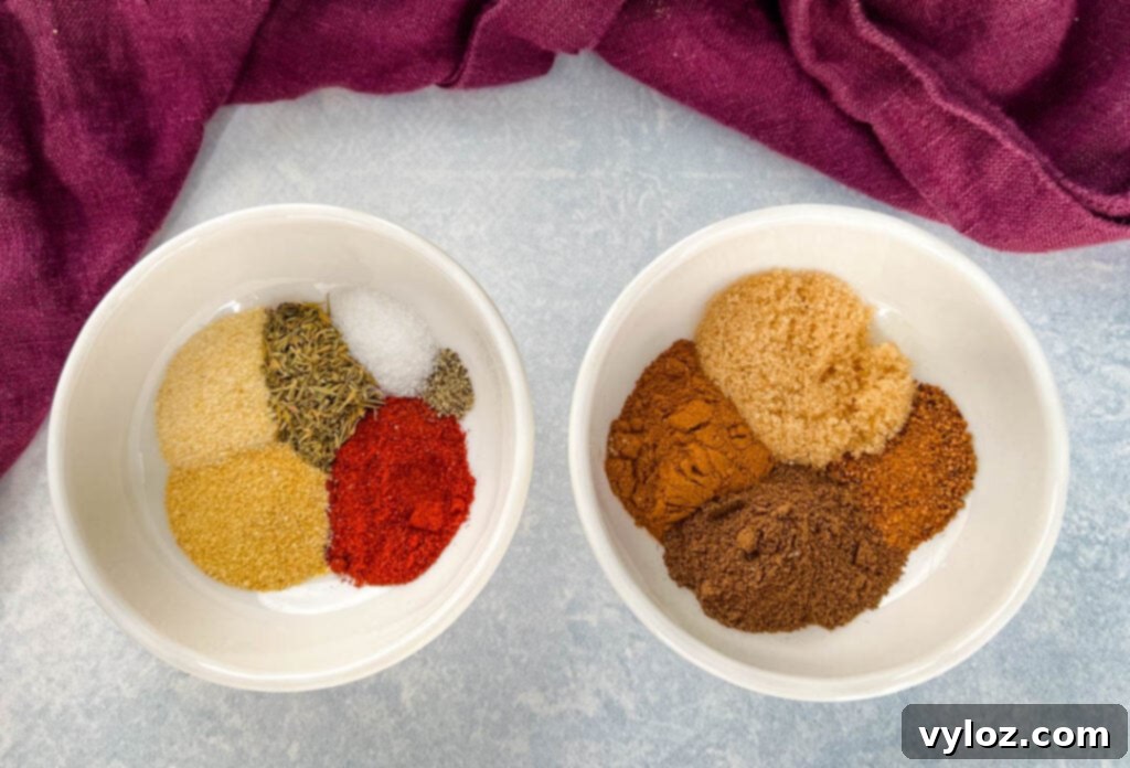 Bold Caribbean Jerk Marinade 3 Assortment of fresh and ground spices for jerk seasoning in small white bowls, showcasing the rich blend of ingredients.