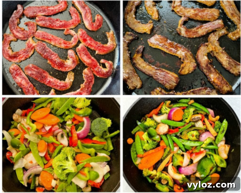 Sizzling Teriyaki Beef 5 A visual guide showing four stages of cooking beef teriyaki stir fry in a cast iron skillet with flank steak and vegetables