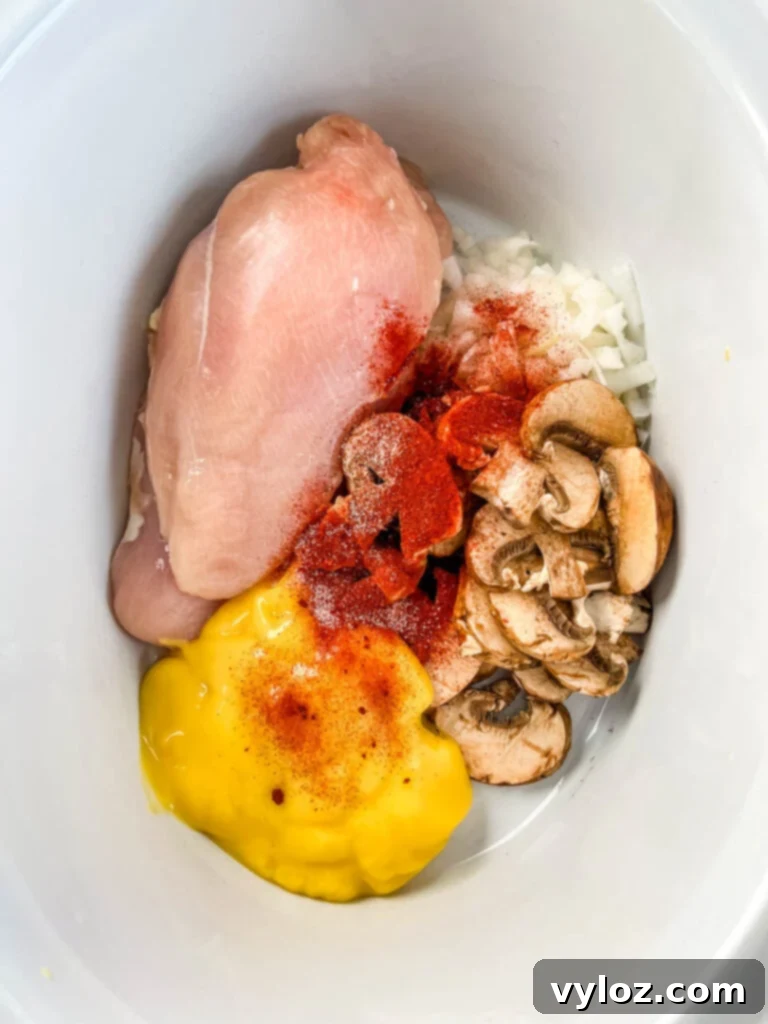 uncooked ingredients for slow cooker chicken stroganoff in a Crockpot