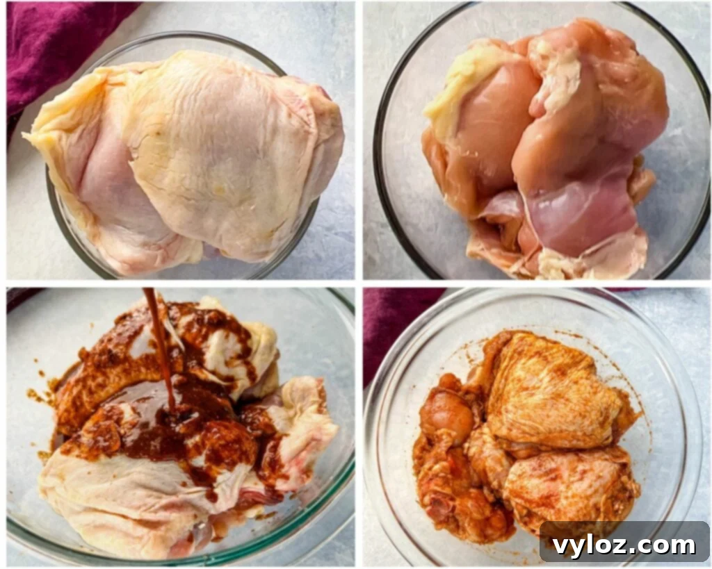 A collage of four images showing raw chicken thighs being coated with a vibrant Jamaican jerk rub, highlighting the preparation process.