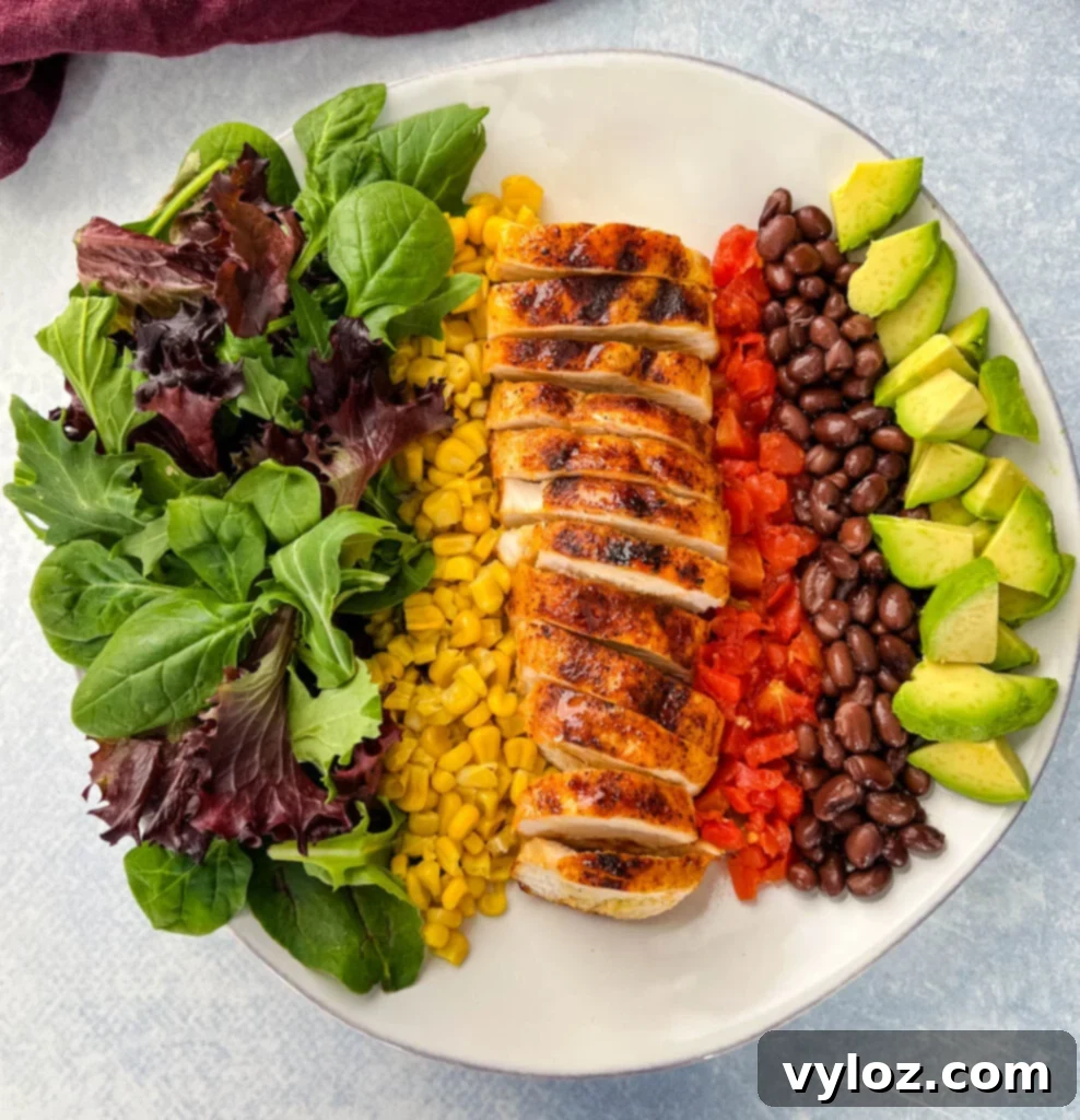 Smoky Southwest Salad with Chipotle Ranch 6 A vibrant and colorful Southwest salad with fresh lettuce, golden corn, sliced chicken, ripe tomatoes, black beans, and avocado, ready to be enjoyed.