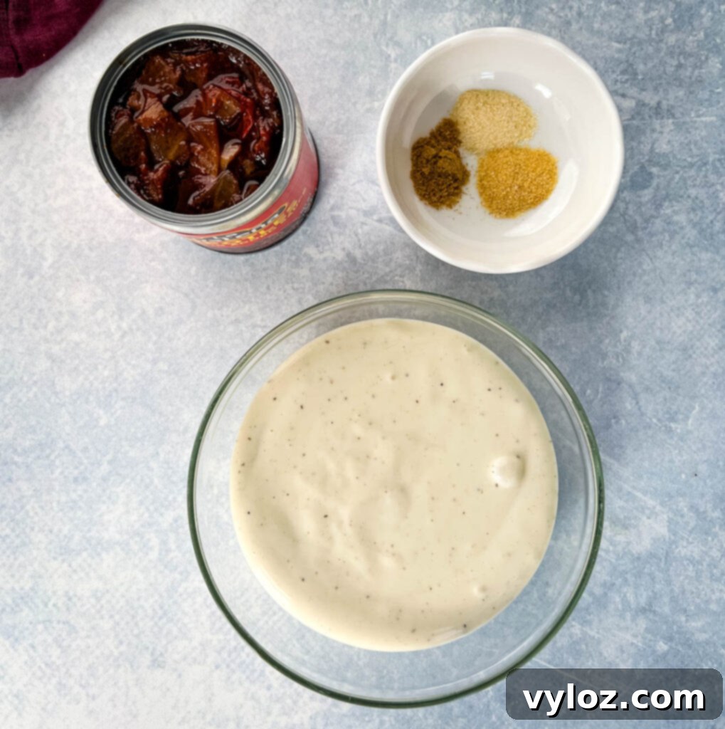 ranch dressing, chipotles in adobo sauce, and spice in separate bowls