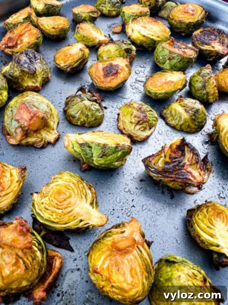 Caramelized Garlic Brussels Sprouts 9 Garlic Brussels sprouts after roasting, still on the sheet pan