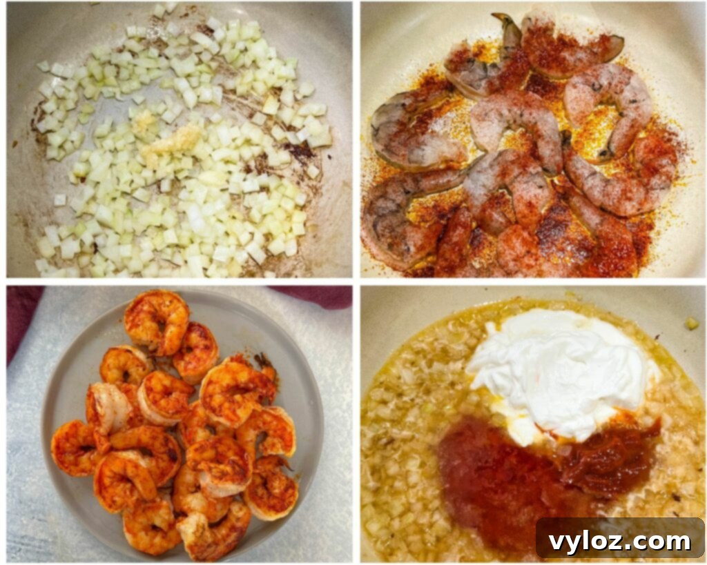 collage of 4 photos with bang bang shrimp pasta in a large pot