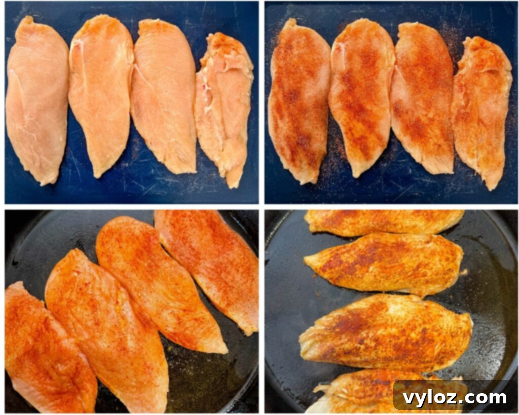 collage of 4 photos of chicken breasts cooked in a skillet