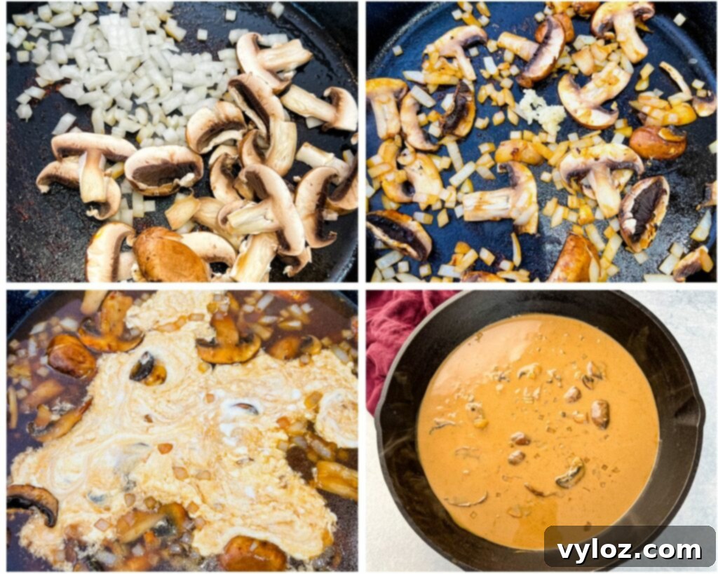 collage photo of 4 photos showing how to make chicken Madeira sauce