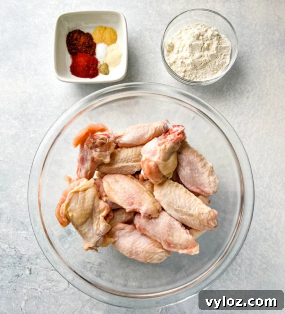 Bowls of raw chicken wings, dry rub spices, and flour, showcasing the fresh ingredients.