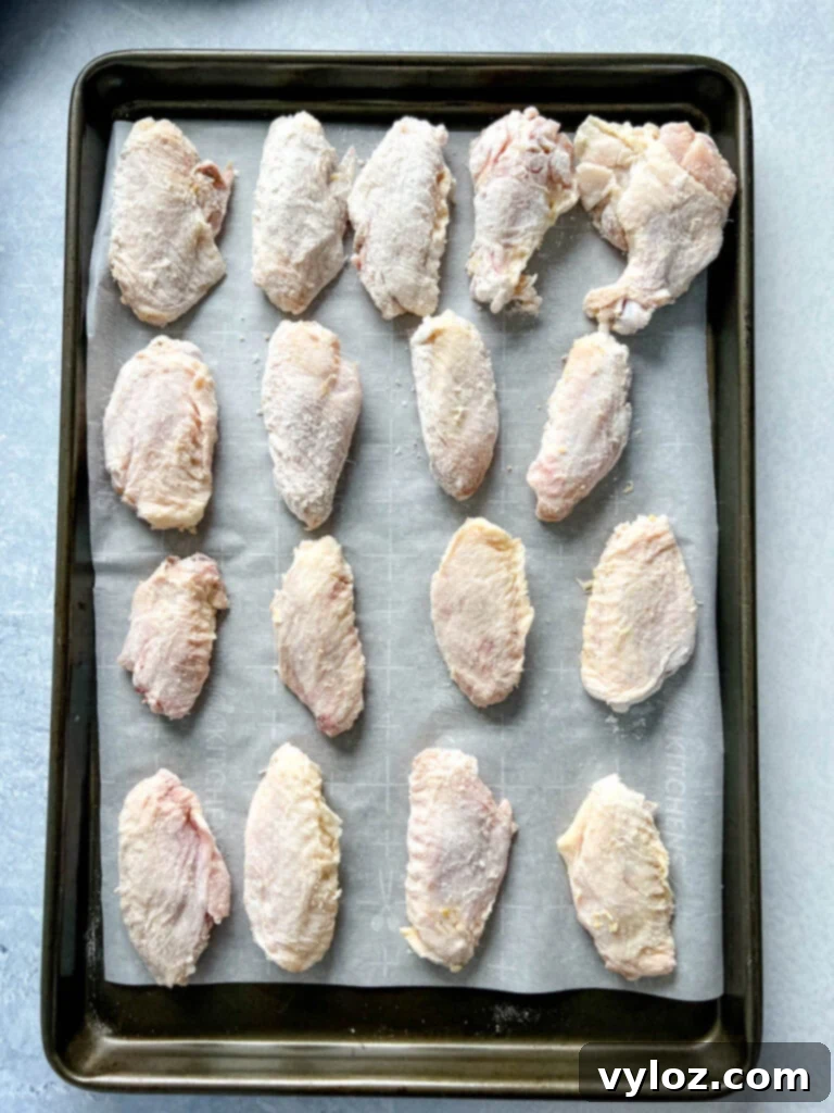 Dry rub floured chicken wings neatly placed on a sheet pan, prepared for oven baking.