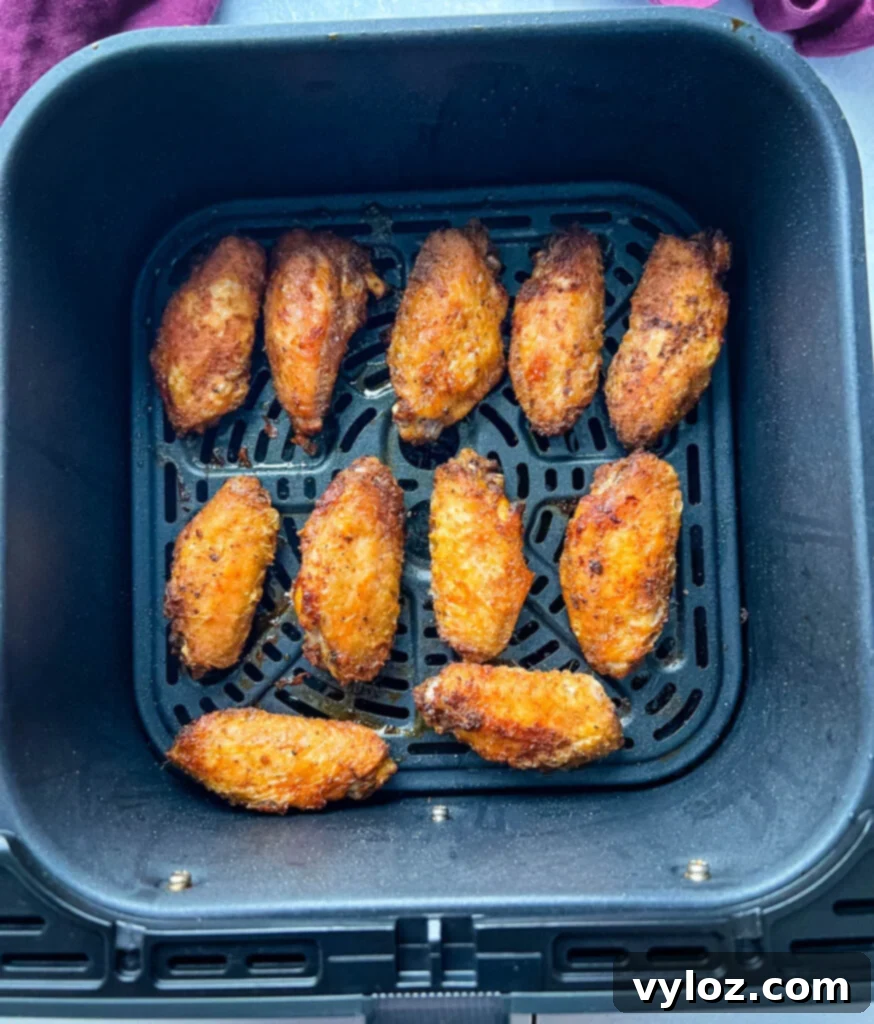 Cooked dry rub chicken wings in an air fryer, showcasing their crispy, golden-brown texture.