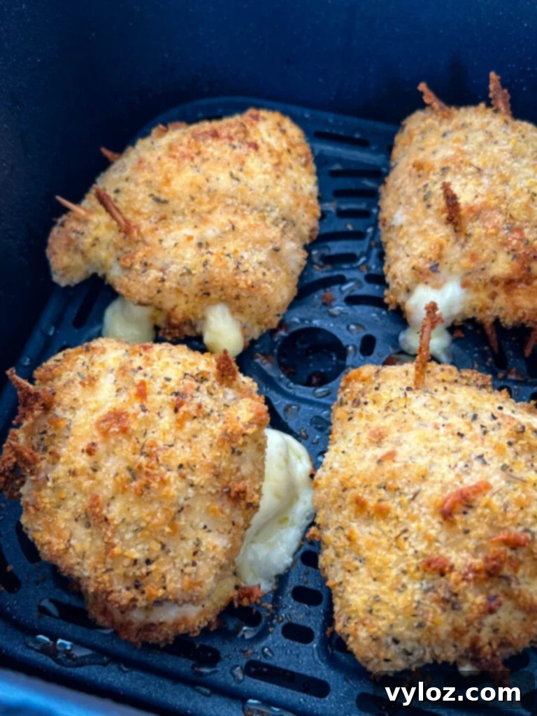 breaded stuffed mozzarella chicken breast in an air fryer