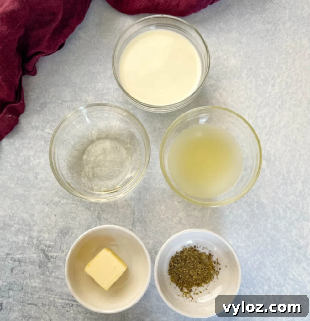 heavy cream, broth, butter, white wine, and Italian seasoning in separate bowls
