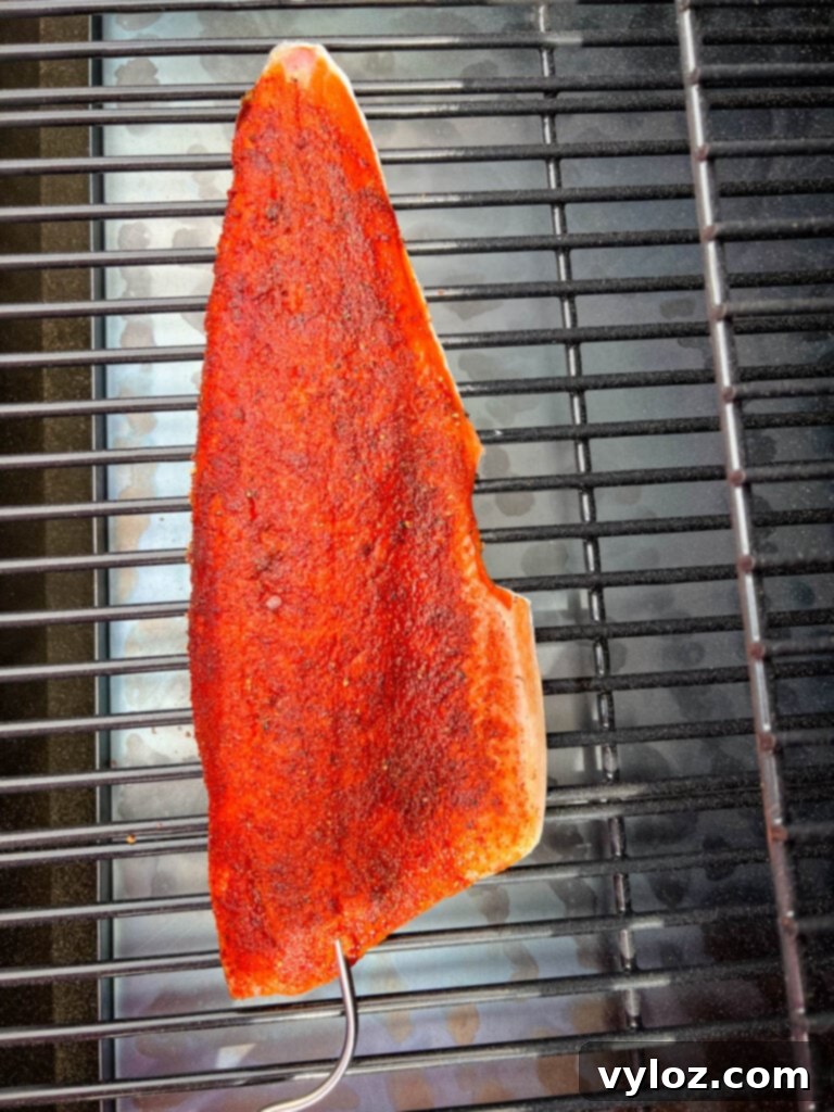 Ultimate Traeger Smoked Salmon 7 Raw salmon fillet placed skin-side down on the grates of a Traeger smoker grill, ready for cooking.