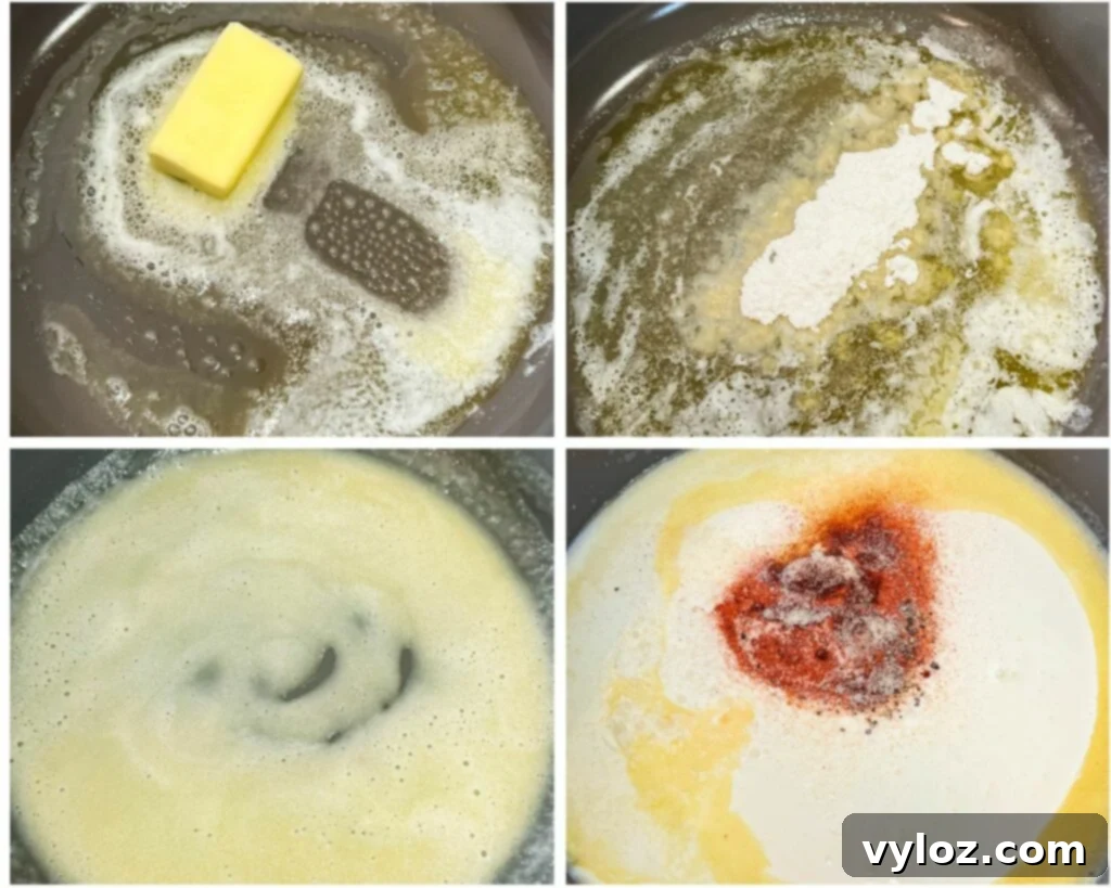 collage of 4 photos with cream sauce made on the stove