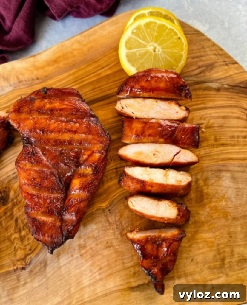 A tantalizing close-up of Traeger smoked chicken breasts on a plate with fresh lemon slices.
