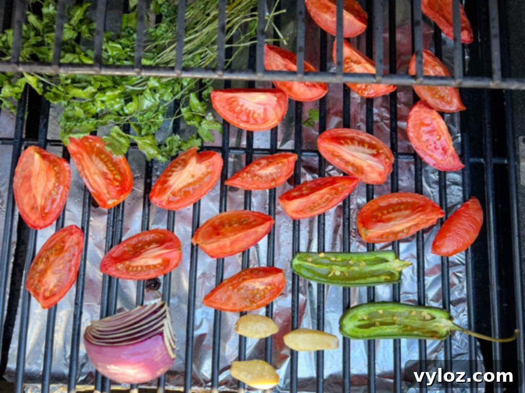 Smoky Salsa Secrets 6 Tomatoes, red onions, garlic, and cilantro on a smoker, beautifully charred and infused with smoky flavor.