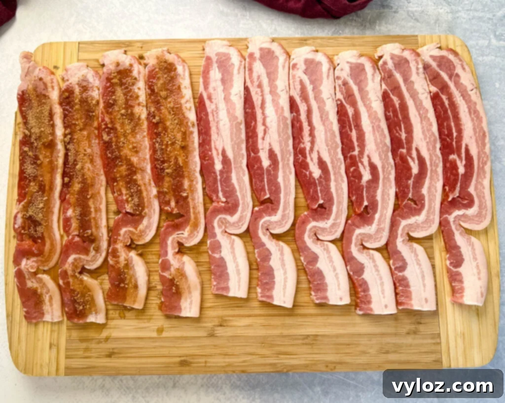 Ultimate Traeger Smoked Bacon 5 uncooked thick bacon on a cutting board
