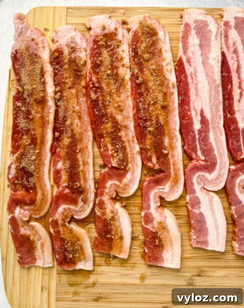 Ultimate Traeger Smoked Bacon 6 uncooked thick bacon on a cutting board