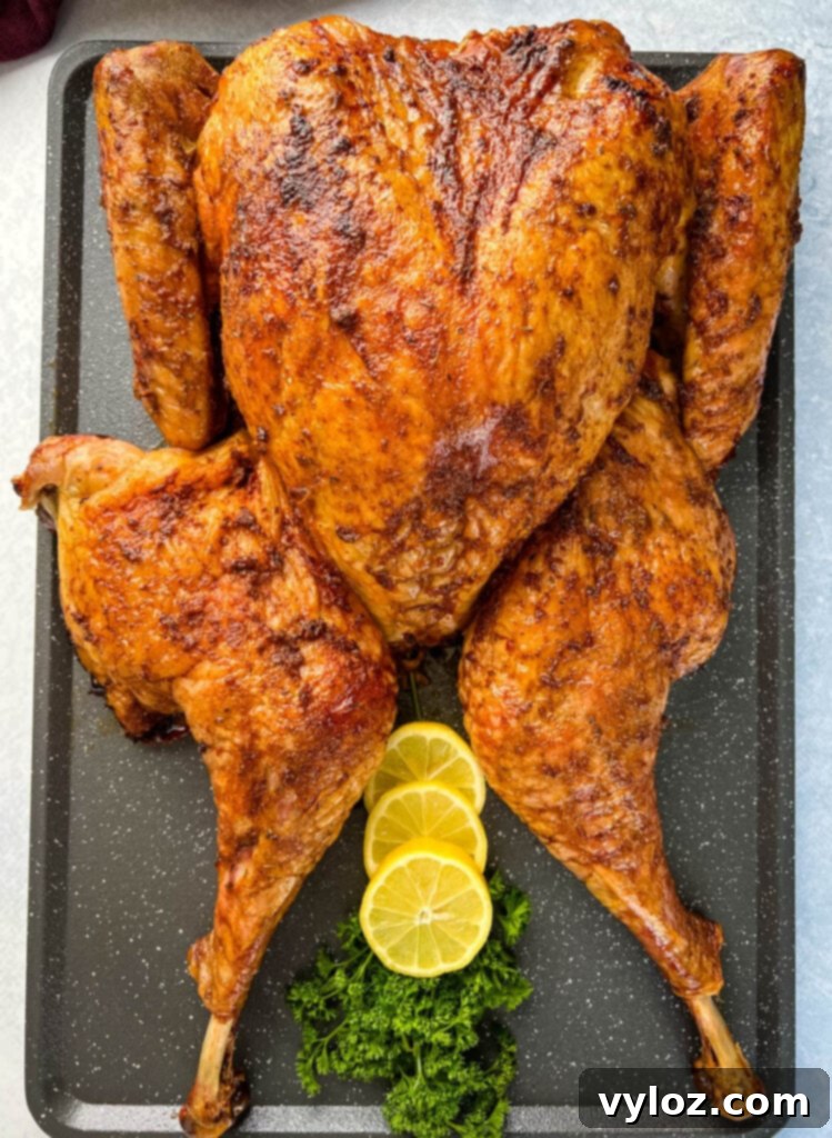 Smoked Spatchcock Turkey on the Traeger 2 Perfectly smoked turkey, garnished with fresh lemons and parsley, resting on a table.