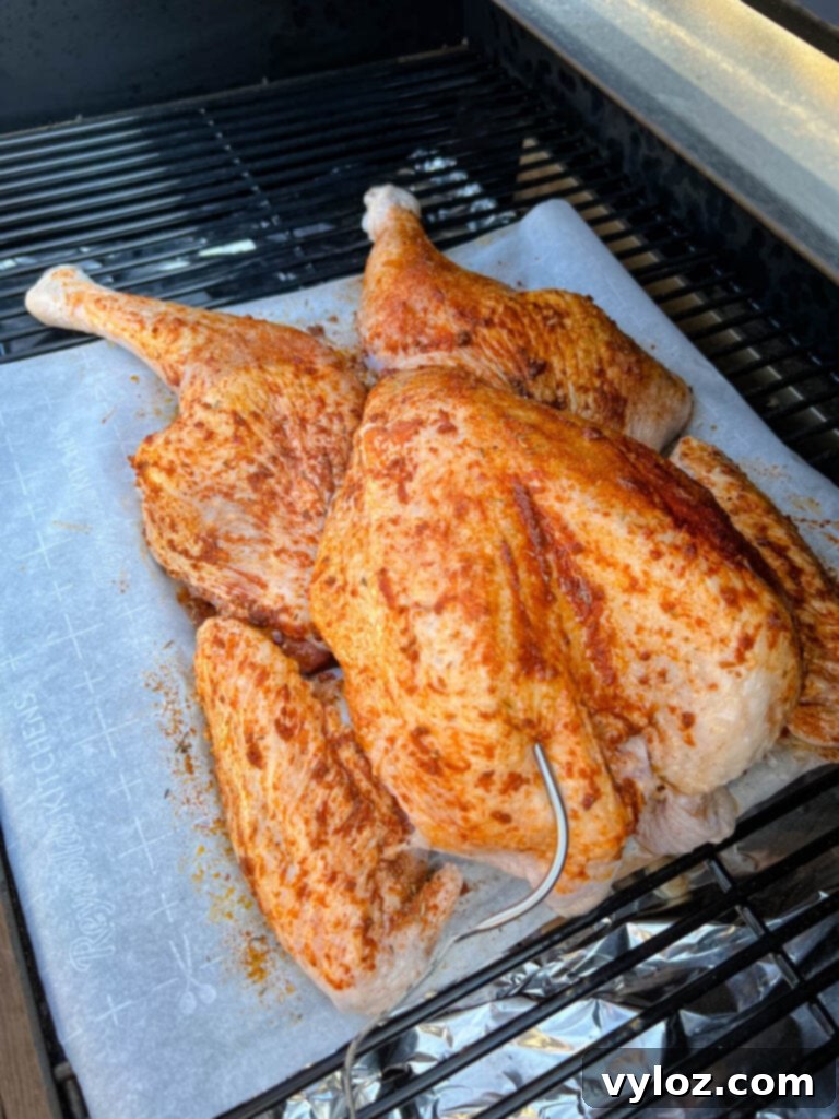 Smoked Spatchcock Turkey on the Traeger 8 Raw turkey resting on a Traeger smoker grill, ready for the smoking process.