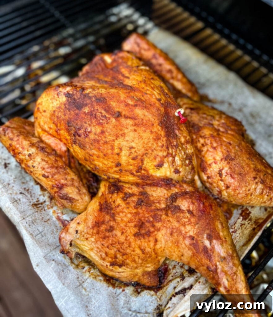 Smoked Spatchcock Turkey on the Traeger 9 A perfectly smoked turkey on a Traeger smoker, golden brown and ready to be served.