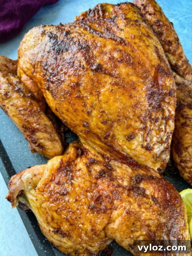 Smoked Spatchcock Turkey on the Traeger 10 Beautifully smoked turkey garnished with lemons and parsley, presented on a rustic table setting.