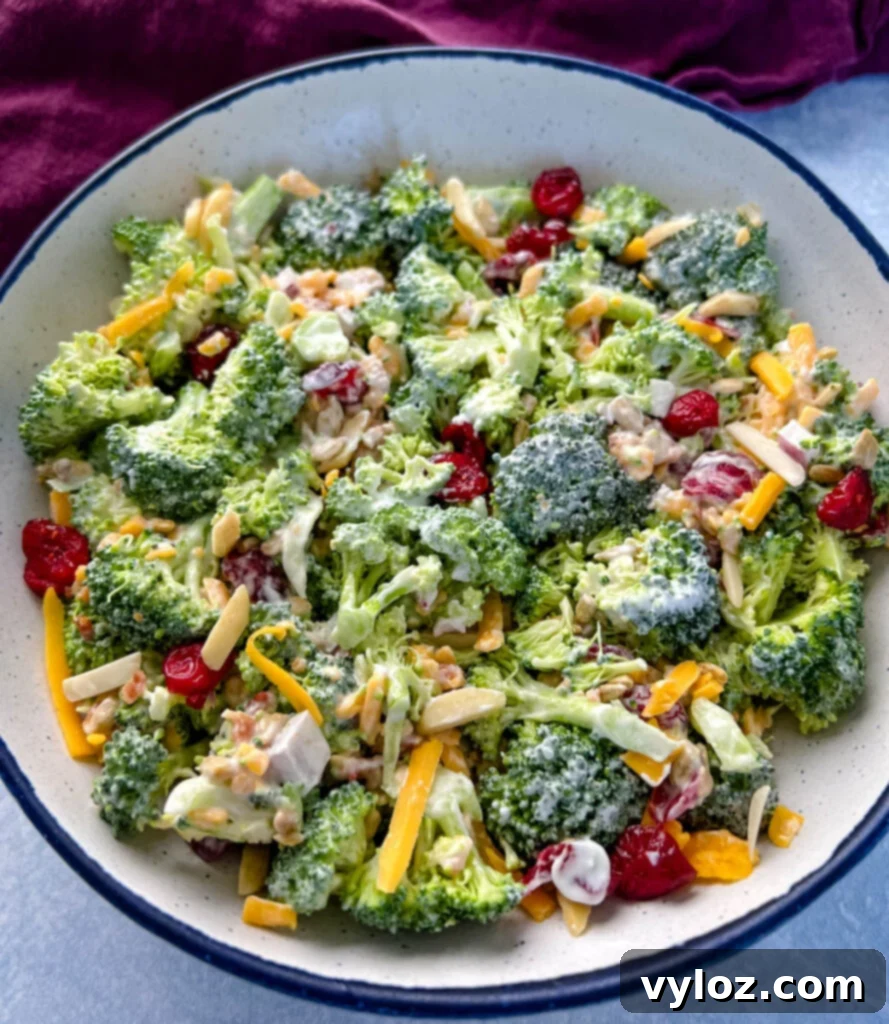 broccoli salad with cheese, bacon, and cranberries in a white bowl